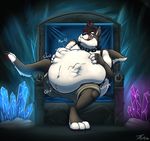  2016 abdominal_bulge anthro barefoot belly big_belly biped black_claws black_fur black_hair black_nose black_tail boxers_(clothing) bulge canine cave chain chair cheek_tuft claws clothed clothing crystal detailed_background digital_media_(artwork) fingerless_(marking) front_view full-length_portrait fur grey_bottomwear grey_clothing gurgle hair hand_on_stomach highlights jewelry licking licking_lips male mammal multicolored_fur multicolored_hair multicolored_tail navel necklace onomatopoeia overweight overweight_male pink_tongue portrait post_vore reclining red_eyes red_hair red_highlights signature solo sound_effects tanio throne toe_claws toeless_(marking) tongue tongue_out topless tuft two_tone_fur two_tone_hair two_tone_tail underwear vore white_fur white_tail wolf 
