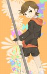  1boy amada_ken artist_request ass atlus brown_eyes brown_hair from_behind jacket male_focus persona persona_3 short_hair shorts smile solo spear weapon 