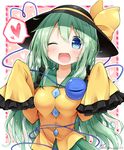  ;d alternate_breast_size alternate_hair_length alternate_hairstyle black_hat blue_eyes blush bow breasts clown_222 commentary_request eyeball frilled_shirt_collar frilled_sleeves frills green_hair green_skirt hat hat_bow heart heart_background heart_of_string komeiji_koishi long_hair long_sleeves looking_at_viewer medium_breasts one_eye_closed open_mouth shirt signature skirt sleeves_past_wrists smile solo spoken_heart third_eye touhou twitter_username upper_body very_long_hair wide_sleeves yellow_bow yellow_shirt 