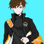  alternate_costume alternate_eye_color bag bangs bitto34 black_shirt blue_background brown_hair closed_mouth duffel_bag ear_piercing emblem high_collar jacket logo open_clothes open_jacket overwatch piercing reverse_trap shirt short_hair shoulder_bag simple_background smile solo spiked_hair tracer_(overwatch) upper_body yellow_eyes 