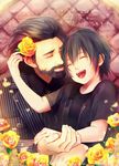  :d ^_^ akirakarin beard black_hair child closed_eyes facial_hair father_and_son final_fantasy final_fantasy_xv flower formal hair_flower hair_ornament highres multiple_boys noctis_lucis_caelum open_mouth regis_lucis_caelum smile suit 