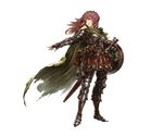  armor armored_boots bag boots cape fingerless_gloves full_body gloves granblue_fantasy long_hair minaba_hideo official_art pink_eyes pink_hair shield solo standing sword teeth transparent_background volemia weapon 