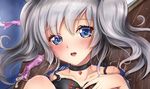  after_sex beret black_bra blue_eyes blush bra choker chunyan condom dakimakura eyebrows_visible_through_hair from_above hat heart heart-shaped_pupils highres kantai_collection kashima_(kantai_collection) leg_up long_hair looking_at_viewer portrait silver_hair solo symbol-shaped_pupils twintails underwear used_condom wavy_hair 