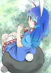  animal_ears ass bloomers blue_dress blue_hair bunny_ears bunny_tail colored_eyelashes commentary_request dress eating kaisenpurin long_hair low-tied_long_hair low_twintails pink_eyes puffy_short_sleeves puffy_sleeves seiran_(touhou) short_dress short_sleeves sitting solo tail touhou twintails underwear white_bloomers 
