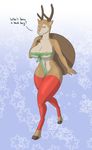  2016 anthro antlers bag big_breasts bow breasts brown_fur cervine christmas clothing english_text female fur green_eyes holidays horn legwear looking_at_viewer mammal pink_nose r-rova reindeer sack solo text 