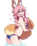  animal_ears ass bikini blue_bikini blush breasts chan_co eyebrows_visible_through_hair fang fate/grand_order fate_(series) fox_ears fox_tail hair_ribbon heart holding_tail large_breasts long_hair looking_at_viewer looking_back open_mouth pink_hair ribbon sideboob simple_background smile solo swimsuit tail tamamo_(fate)_(all) tamamo_no_mae_(fate) tamamo_no_mae_(swimsuit_lancer)_(fate) underboob water white_background yellow_eyes 