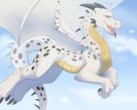  2014 blue_sky claws digital_media_(artwork) dragon feral flying harlem hi_res horn looking_at_viewer male membranous_wings open_mouth outside scalie sky solo toe_claws toichi tongue tongue_out wings yellow_eyes 