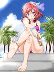  absurdres bangle barefoot bikini blush bracelet commentary_request crossed_legs eyewear_removed flower hair_flower hair_ornament highres holding holding_eyewear jewelry lips looking_at_viewer love_live! love_live!_school_idol_project necklace nishikino_maki palm_tree pearl_necklace purple_eyes red_hair shogo_(4274732) solo sun sunglasses sunlight swimsuit toes tree twitter_username 