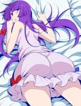  alternate_costume ass bare_shoulders blush bow commentary_request eichi_yuu hair_bow lingerie long_hair looking_at_viewer lying negligee no_hat no_headwear on_bed on_stomach patchouli_knowledge pillow purple_hair red_bow solo touhou underwear 