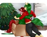  ambiguous_gender anthro christmas christmas_tree clothed clothing duo equine feline female fur hair holidays horse hug inside mammal nasusbot open_mouth tiger tree 