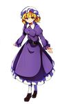  absurdres baba_(baba_seimaijo) belt blonde_hair commentary_request dress full_body hat highres juliet_sleeves loafers long_sleeves maribel_hearn mob_cap puffy_sleeves purple_dress shoes short_hair smile solo tachi-e touhou transparent_background white_legwear yellow_eyes 