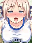  aa-rance bangs blonde_hair blue_eyes blue_ribbon blush breasts close-up collarbone commentary covered_nipples crying crying_with_eyes_open drooling eyebrows_visible_through_hair full-face_blush gym_uniform hair_ribbon half-closed_eyes large_breasts long_hair name_tag open_mouth original pocky_day ribbon saliva solo sweat tears tongue tongue_out torogao two_side_up 