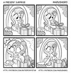  2016 black_and_white comic cutie_mark duo earth_pony equine feathered_wings feathers female feral fluttershy_(mlp) friendship_is_magic fur gift hair horse kissing mammal monochrome my_little_pony outside pegasus pinkie_pie_(mlp) plant pony shocked wadusher0 wings 