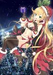  bangs black_gloves black_legwear blonde_hair blush boots box breasts christmas_tree clarisse_(granblue_fantasy) cleavage commentary dutch_angle eyebrows_visible_through_hair flying fur-trimmed_bikini fur-trimmed_boots fur-trimmed_gloves fur_trim gift gift_box gloves granblue_fantasy green_eyes hair_ornament hand_on_own_chest hands_up hat high_heel_boots high_heels highres hips holding holding_gift hood hood_down long_hair md5_mismatch medium_breasts midriff navel night night_sky open_mouth ponytail rong_yi_tan santa_costume santa_hat sky smile snow solo swept_bangs thighhighs thighs very_long_hair 