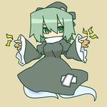  breasts chibi dress ghost_tail green_dress green_eyes green_hair hat juliet_sleeves kakinoki_mikan_(kari) lightning long_sleeves medium_breasts puffy_sleeves simple_background soga_no_tojiko solo tate_eboshi touhou wide_sleeves 