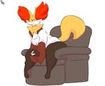  anthro breasts chair cleavage clothed clothing controller delphox female game_controller immortalstar inner_ear_fluff nintendo orange_eyes pok&eacute;mon pok&eacute;morph shirt simple_background smile solo video_games white_background white_hips 