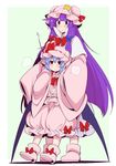  blue_hair bow breath commentary_request crescent eichi_yuu full_body hat hat_ribbon height_difference long_hair long_sleeves mob_cap multiple_girls open_mouth patchouli_knowledge purple_eyes purple_hair red_bow red_eyes red_ribbon remilia_scarlet ribbon sleeves_past_wrists standing touhou 