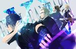  akirakarin black_hair blonde_hair brown_hair facial_hair final_fantasy final_fantasy_xv gladiolus_amicitia glasses gloves gun ignis_scientia jacket male_focus multiple_boys noctis_lucis_caelum prompto_argentum spiked_hair weapon 