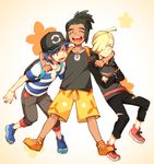  arms_around_neck backpack bag bangs baseball_cap black_hair black_hat black_shirt blonde_hair capri_pants closed_eyes crossed_arms dark_skin dark_skinned_male flower_(symbol) gladio_(pokemon) green_eyes green_hair grey_eyes hair_over_one_eye hat hau_(pokemon) hood hoodie looking_at_another male_focus multiple_boys orange_shorts otyaume_1910 pants pokemon pokemon_(game) pokemon_sm shirt shoes shorts sidelocks simple_background sneakers striped striped_shirt swept_bangs t-shirt tan_background topknot torn_clothes torn_pants you_(pokemon) 