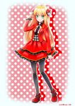  absurdres black_legwear blonde_hair blue_eyes dress frills hair_ornament highres long_hair looking_at_viewer pantyhose poke_ball_hair_ornament poke_ball_theme pokemon pokemon_(game) pokemon_co-master red_dress red_footwear sharon_(pokemon) shoes smile solo toppema_mapetto 
