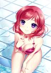  bad_id bad_pixiv_id bikini bracelet breasts cleavage hair_ornament hairclip jewelry looking_at_viewer looking_up love_live! love_live!_school_idol_project medium_breasts necklace nishikino_maki p.kibi poolside purple_eyes red_hair ring short_hair sitting smile solo swimsuit water 