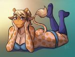  amber amberaffe anthro blonde_hair blue_eyes bra breasts butt capris cleavage clothed clothing cloven_feet conditional_dnp cute giraffe graphic_shirt hair hooves kadath kneesocks lying mammal ossicones panties simple_background tail_floof underwear voluptuous 