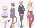  animal_ears bangs bell bell_choker black_hair blonde_hair bob_cut cat_ears cat_tail choker contemporary dark_skin final_fantasy final_fantasy_xiv glasses grey_hair highres hood hood_down hoodie miqo'te multiple_girls pantyhose ponytail school_uniform serafuku skirt smile tail wagashi_(goma_dango) 