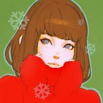  bangs blue_eyes blunt_bangs brown_hair closed_mouth green_background ilya_kuvshinov lips long_sleeves looking_at_viewer no_pupils red_sweater short_hair simple_background sleeves_past_wrists snowflakes solo sweater turtleneck turtleneck_sweater upper_body 