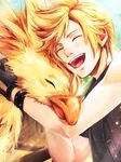  akirakarin blonde_hair chocobo final_fantasy final_fantasy_xv freckles highres hug male_focus prompto_argentum 