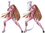  aoi_nagisa_(metalder) blue_eyes bodysuit breasts brown_hair covered_nipples fighting_stance full_body high_heels koukawa_asuka large_breasts long_hair looking_at_viewer multiple_views pink_bodysuit simple_background skin_tight smile taimanin_(series) taimanin_asagi thighhighs very_long_hair weapon white_background 