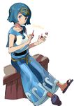  baggy_pants blue_eyes blue_hair blue_pants blue_sailor_collar blush capri_pants character_name commentary_request crop_top fishing_lure hairband juggling looking_at_viewer ogino_atsuki one-piece_swimsuit open_mouth pants pokemon pokemon_(game) pokemon_sm sailor_collar sandals shirt short_hair simple_background sitting sleeveless solo suiren_(pokemon) swimsuit swimsuit_under_clothes trial_captain white_background 