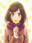  2016 artist_name backpack bag bangs blush brown_eyes brown_hair coat commentary covering_mouth dated duffel_coat enpera eyebrows_visible_through_hair ginkgo hair_between_eyes hair_ornament hairpin highres holding holding_leaf leaf leaf_print original scarf signature smile solo upper_body wedo 