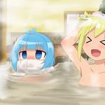  bath blonde_hair blue_eyes blue_hair blush commentary_request covered_mouth gobanme_no_mayoi_neko highres itsumo_hokuto multiple_girls onsen shakunetsu_no_takkyuu_musume short_hair short_twintails smile steam tenka_hanabi twintails 