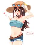  :d bandeau bangs bare_arms bare_shoulders belt blush breasts brown_hair cellphone cleavage collarbone fang flower groin hair_between_eyes hat hat_flower heart hibiscus holding holding_phone large_breasts long_hair navel open_mouth orange_eyes phone pokemon pokemon_(game) pokemon_sm self_shot shizuku_(boshi) short_shorts shorts sightseer_(pokemon) simple_background smartphone smile solo strapless sun_hat sunglasses tongue v white_background 