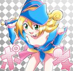  1girl :d blonde_hair blush blush_stickers breasts checkered checkered_background choker dark_magician_girl downblouse duel_monster female green_eyes hand_on_hip hat hikari_(mitsu_honey) leaning_forward long_hair looking_at_viewer magical_girl nipple_slip nipples open_mouth small_breasts smile solo vambraces wand wizard_hat yu-gi-oh! yuu-gi-ou_duel_monsters 