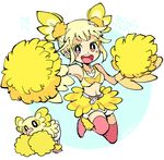  :d bangs bare_shoulders belt bird blonde_hair bloomers blush breasts bright_pupils character_name cheerleader collarbone crop_top eyeshadow full_body gen_7_pokemon jumping looking_at_viewer makeup medium_breasts miniskirt moemon navel nono_(norabi) number open_mouth oricorio personification pink_eyes pink_legwear pokemon pokemon_(creature) pokemon_number pom_poms scrunchie short_hair short_twintails simple_background skirt smile star tank_top teeth thighhighs tongue twintails underboob underwear white_background white_belt white_bloomers yellow_skirt zettai_ryouiki 