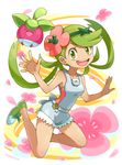  :d ^_^ bare_arms bare_shoulders bounsweet breasts closed_eyes collarbone flower full_body gen_7_pokemon green_eyes green_footwear green_hair hair_flower hair_ornament headband highres long_hair looking_at_viewer mao_(pokemon) nono_(norabi) open_mouth overalls petals pokemon pokemon_(creature) pokemon_(game) pokemon_sm shoes shorts simple_background small_breasts smile teeth tongue trial_captain twintails white_background 