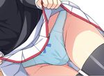  aa-rance ass_visible_through_thighs black_legwear blue_bow blue_panties bow bow_panties close-up commentary hips lifted_by_self original panties pleated_skirt simple_background skirt skirt_lift solo thighhighs thighs underwear white_background white_skirt 