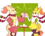  2016 3_toes alpha_channel ambiguous_gender anthro beverage blush braixen chest_tuft cup delphox digital_media_(artwork) digitigrade duo fur green_background hand_on_hip inner_ear_fluff kitsunekotaro nintendo pink_eyes pink_nose pok&eacute;mon red_fur scarf simple_background smile table toes transparent_background tuft video_games white_fur yellow_fur 