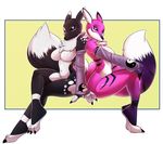  2016 alternate_color alternate_species anthro black_fur black_sclera blue_eyes breasts bridal_gauntlets canine claws clothing digimon duo fan_character featureless_breasts female fox fur looking_at_viewer mammal mostly_nude navel pink_fur purple_eyes purple_fur renamon selene_leni sitting stripes suelix toe_claws white_fur 