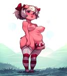  2016 anthro areola breasts clothing cyancapsule dildo ear_piercing emelie female hair hair_bow hair_ribbon hi_res legwear looking_at_viewer mammal navel nipples piercing pig porcine purple_eyes ribbons sex_toy slightly_chubby solo stockings strapon striped_legwear stripes white_hair 