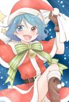  :d alternate_costume arms_up bag bell belt blue_background blue_eyes blue_hair boots brown_footwear brown_gloves capelet christmas commentary_request fur_trim gloves hat heterochromia knee_boots knee_up light_trail looking_at_viewer open_mouth red_eyes ribbon santa_costume santa_hat short_hair smile snowing solo star striped striped_ribbon tatara_kogasa touhou yuzuna99 