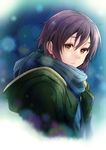  bangs coat expressionless highres kita_high_school_uniform lips looking_at_viewer nagato_yuki purple_hair puyo scarf school_uniform serafuku short_hair solo suzumiya_haruhi_no_shoushitsu suzumiya_haruhi_no_yuuutsu yellow_eyes 