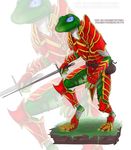  amphibian anthro armor bag bandage belt blue_eyes frog green_skin holding_object holding_weapon looking_at_viewer male melee_weapon pocketcookie simple_background smile solo standing sword weapon white_background white_skin zoom_layer 
