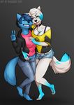  anthro canine clothed clothing duo eyes_closed female mammal nasusbot selfie smile standing tongue tongue_out wide_hips 