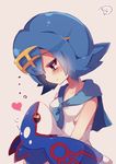  blue_eyes blue_hair blue_sailor_collar blush closed_mouth gen_3_pokemon heart highres kyogre looking_at_another muuran pink_background pokemon pokemon_(creature) pokemon_(game) pokemon_sm sailor_collar short_hair signature simple_background suiren_(pokemon) 