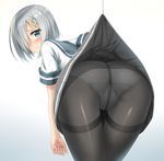  absurdres ass bent_over black_legwear blue_eyes blush cowboy_shot embarrassed fishing_hook from_behind gradient gradient_background hair_ornament hair_over_one_eye hairpin hamakaze_(kantai_collection) hands highres kantai_collection looking_at_viewer looking_back nedia_(nedia_region) panties panties_under_pantyhose pantyhose pleated_skirt school_uniform serafuku short_hair short_sleeves silver_hair simple_background skirt solo underwear upskirt wavy_mouth 