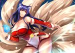  absurdres ahri animal_ears bare_shoulders breasts cleavage covered_navel fox_ears fox_tail highres huge_breasts korean_clothes league_of_legends long_hair looking_at_viewer multiple_tails nail_polish solo tail thighs yashichii yellow_eyes 