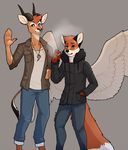  anthro canine cervine cigarette clothed clothing deer duo feathered_wings feathers fox horn looking_at_viewer male mammal nasusbot standing wings 