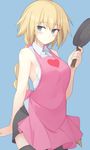  alternate_eye_color apron bare_shoulders blonde_hair blue_background blue_eyes blush braid breasts fate/apocrypha fate_(series) frying_pan heart jeanne_d'arc_(fate) jeanne_d'arc_(fate)_(all) large_breasts long_hair looking_at_viewer mobu simple_background single_braid skirt smile solo thighhighs 